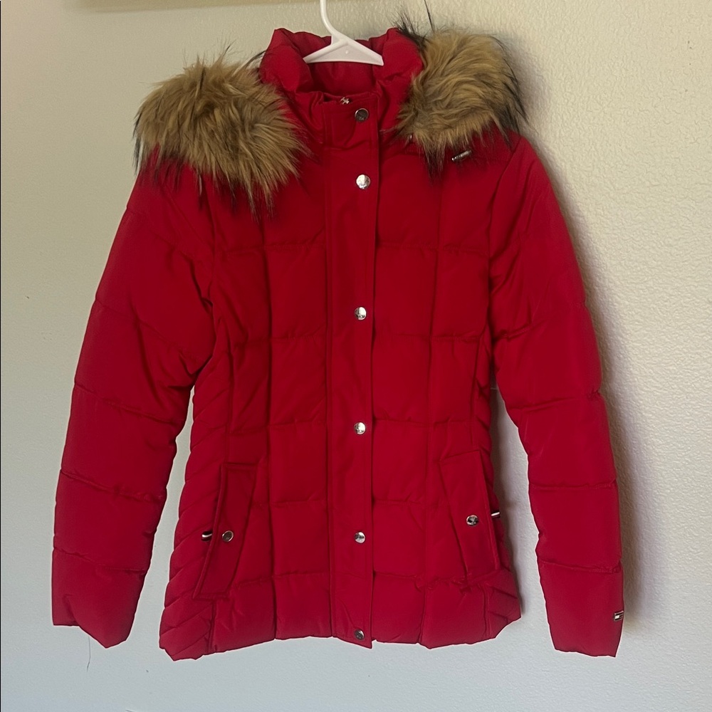 Tommy Hilfiger Red Puffer Jacket with Fur Trim